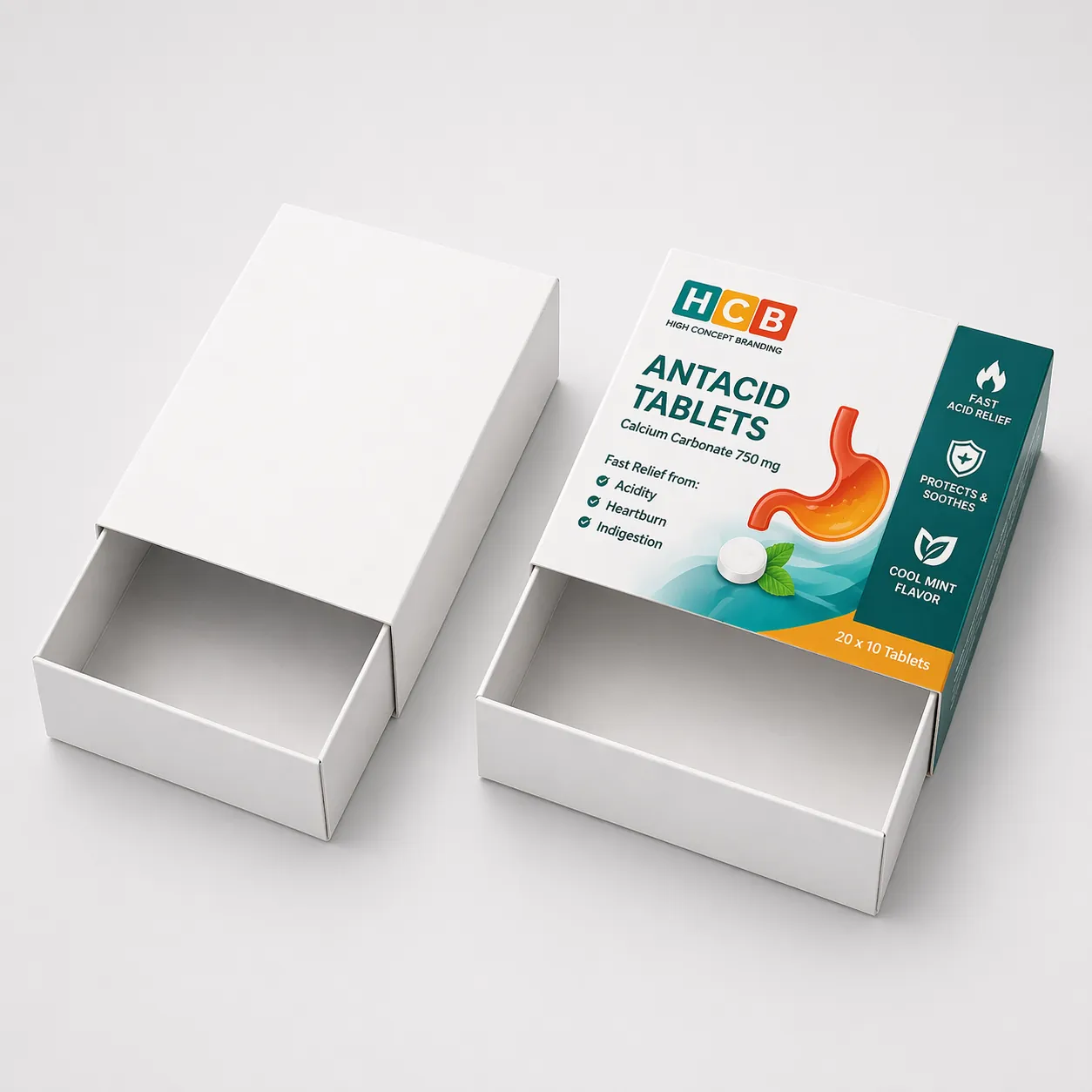 Two sliding matchbox style containers, one plain and one printed with orange antacid product details. class=
